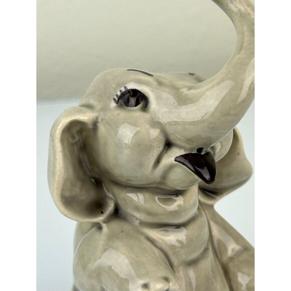 Elephant Figurine Ceramic Arts Studio Pottery Gray Eyelashes Vintage Trunk Up - Picture 11 of 12